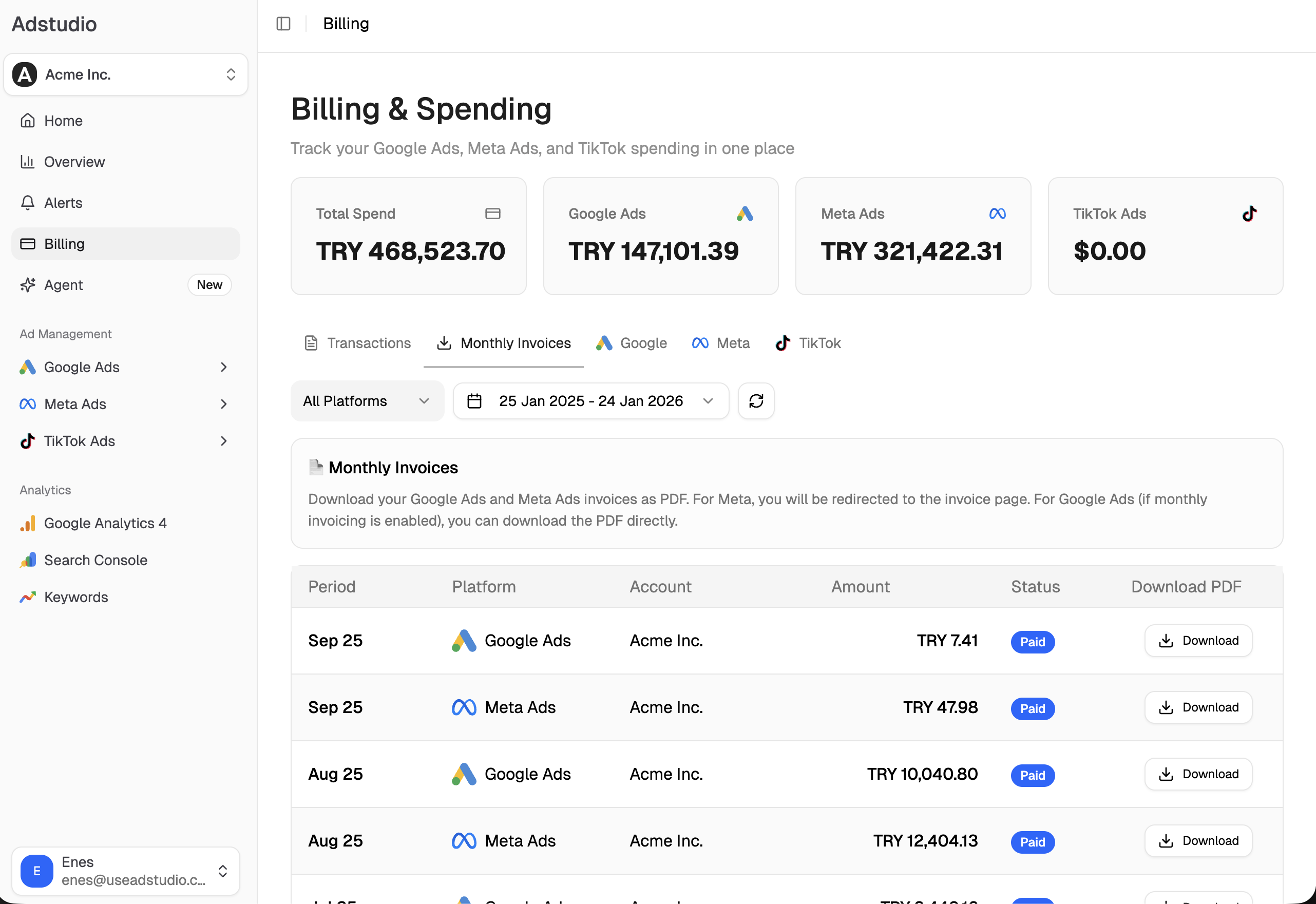 TikTok Ads spend reported next to Google and Meta in Adstudio — the cross-platform view TikTok's native manager can't show